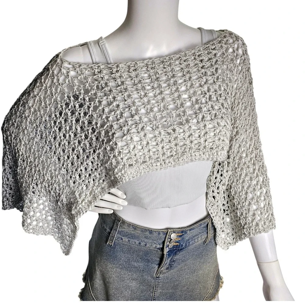 Handmade Crochet Shrug Gray Ombre Open Knit Festival Wrap Shawl